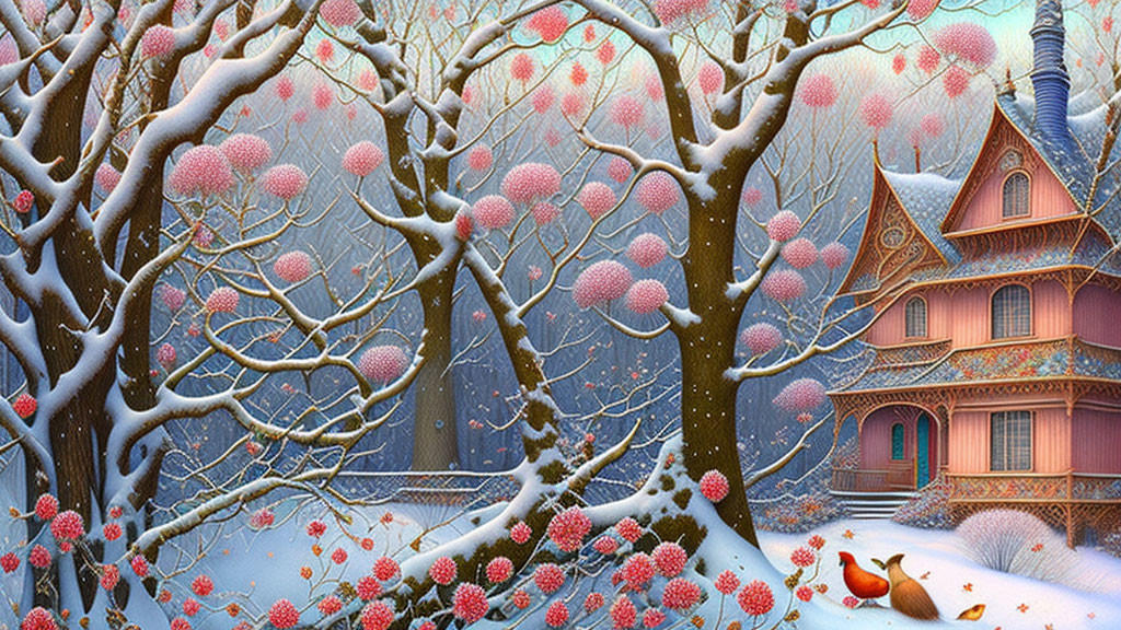 Snow-covered trees and colorful house in winter landscape with red birds under glowing sky