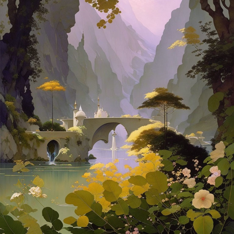 Tranquil landscape with stone bridge, river, lush foliage, flowers, and mountainous backdrop.