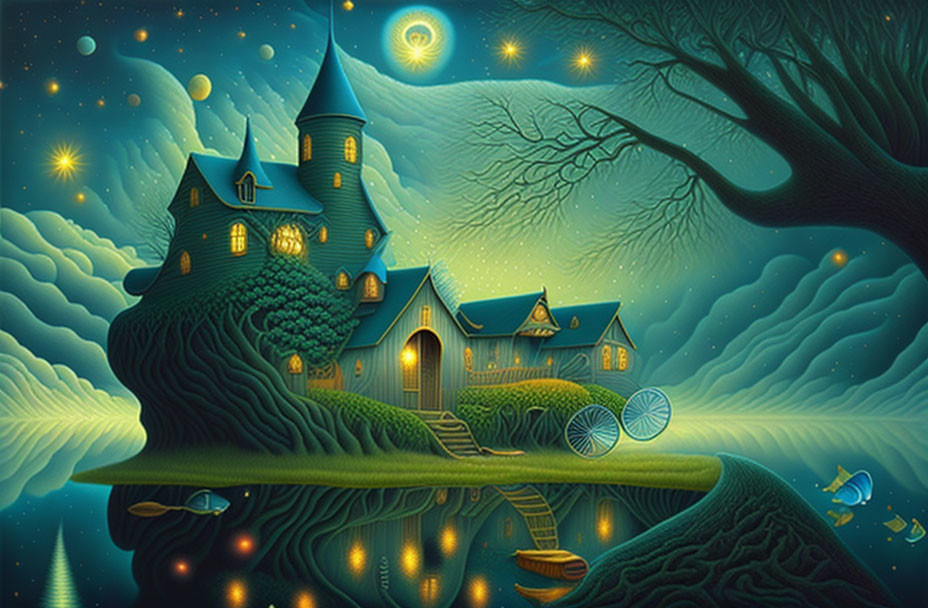 Fantasy illustration of whimsical house on floating island under starry night sky