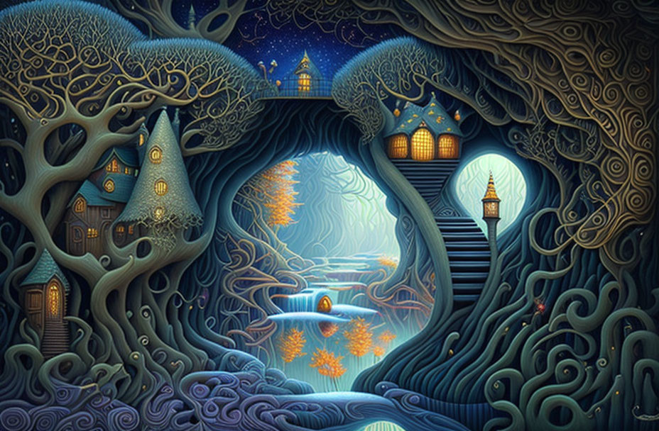 Mystical forest illustration with luminescent trees and whimsical houses