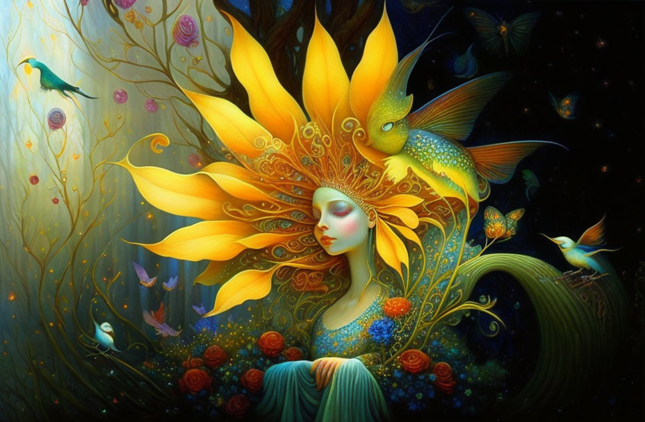 Surreal artwork of woman's face in yellow flower with birds and roses