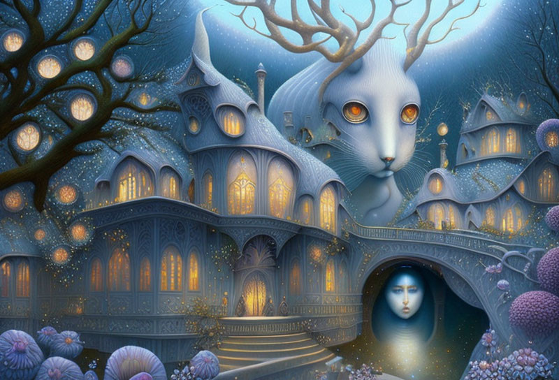 Surreal cat illustration with fantasy house and glowing orbs