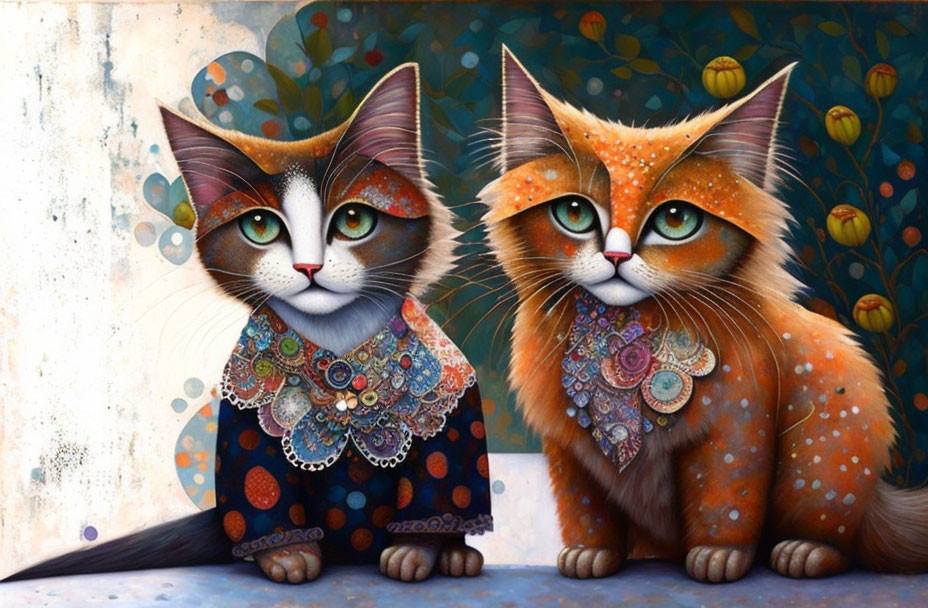 Stylized anthropomorphic cats in ornate attire on floral backdrop