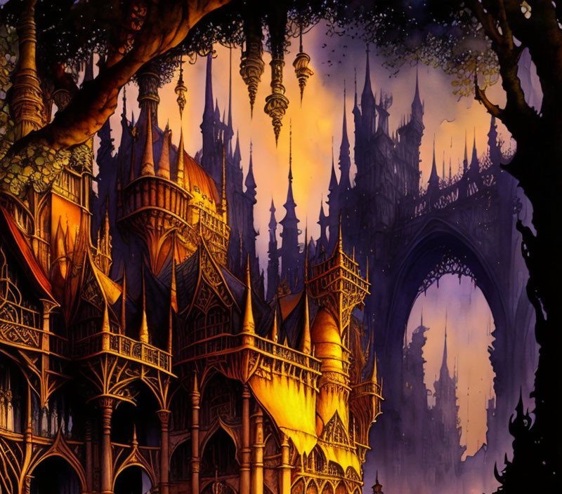 Detailed Gothic Castle Illustration at Twilight