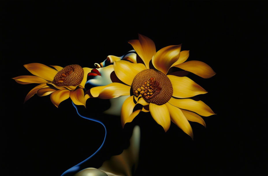 Surreal woman's face with sunflowers, vibrant yellow petals, red lips