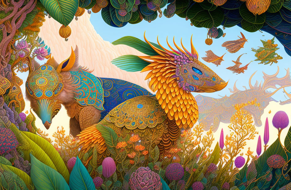 Colorful digital artwork: stylized fox, peacock, intricate patterns