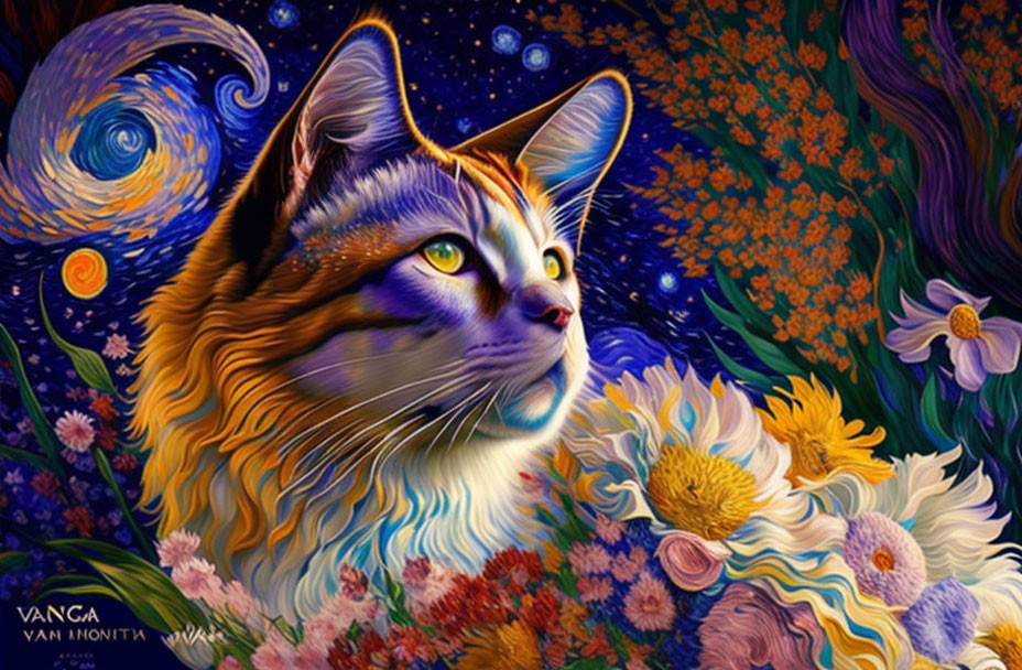 Vibrant Cat Illustration with Floral Background and Starry Sky