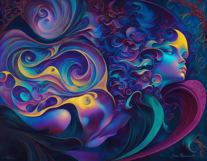 Colorful Surrealist Art: Woman's Profile with Flowing Shapes