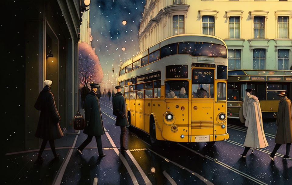 Vintage Yellow Double-Decker Bus on Twilight Street with Classic Attired Pedestrians