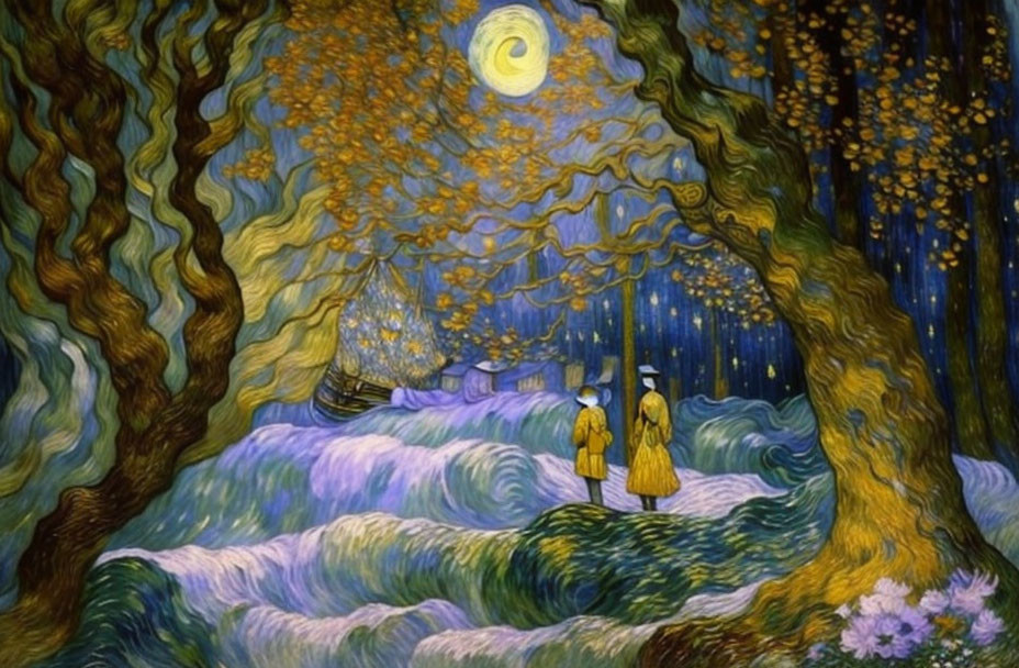 Yellow figures under golden tree in dreamlike nightscape