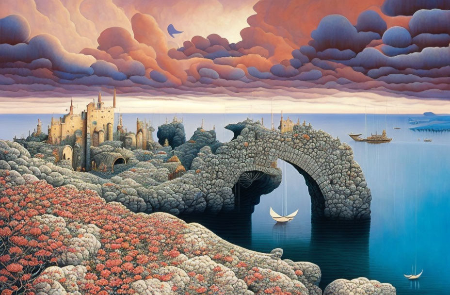 Surreal landscape with castle, stone bridge, boats, and unique clouds