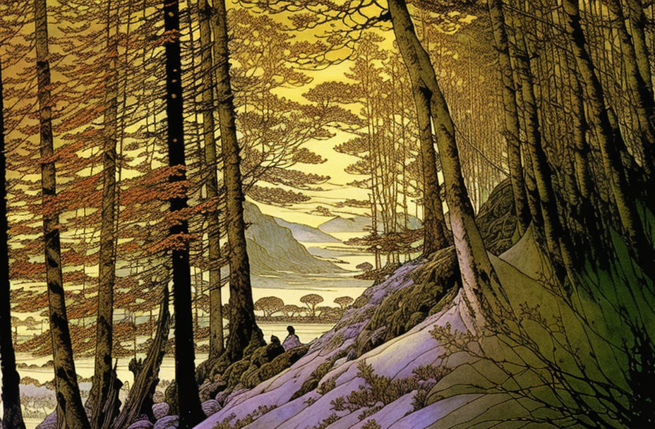 Autumn forest scene with lake, mountains, and figure