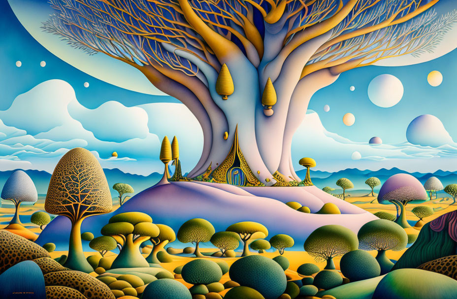 Colorful surrealist landscape with central tree and whimsical flora