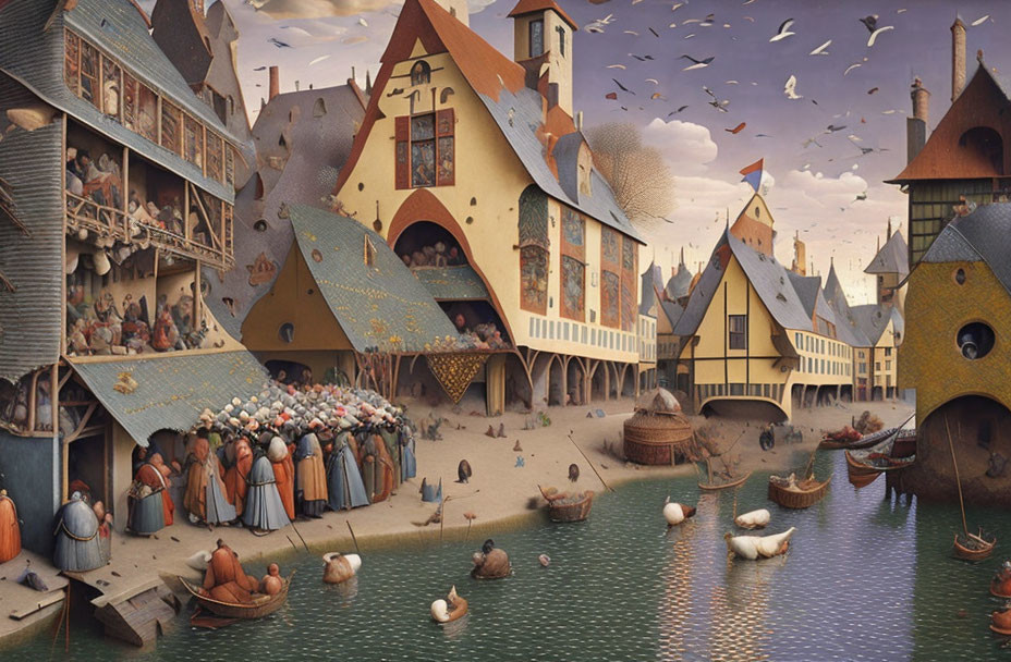 Medieval town scene with river, market stalls, boats, and birds under dramatic sky