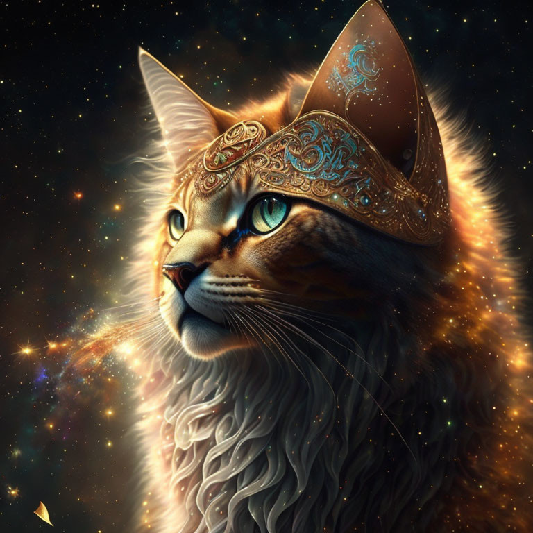 Regal cat with golden crown and green eyes in cosmic setting