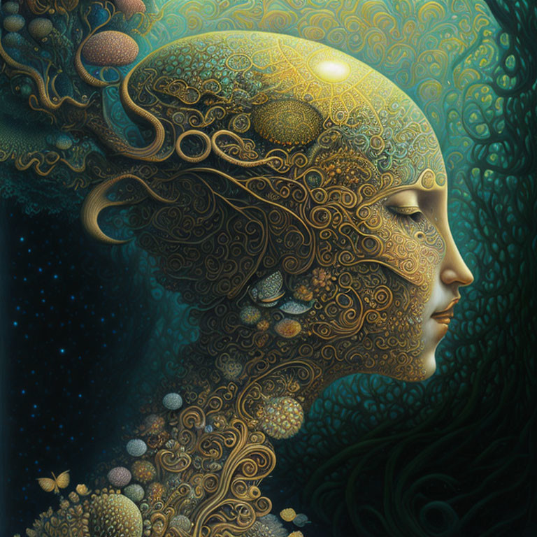 Tranquil female face with nature patterns and lush tree under celestial orbs