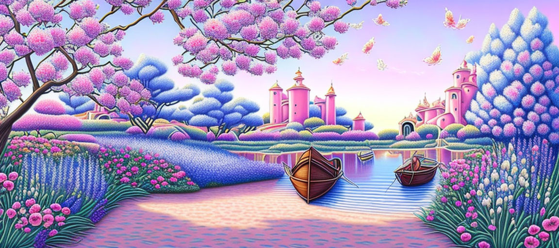 Colorful fantasy landscape with pink castle, blooming trees, river, and pastel sky