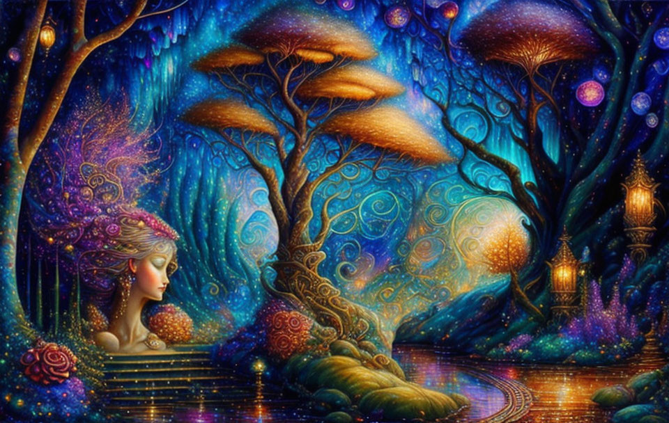 Fantastical artwork: Woman with detailed headdress in colorful, glowing forest