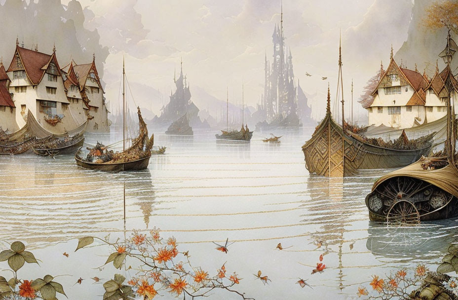 Fantasy landscape with traditional boats, ornate buildings, and flowers.