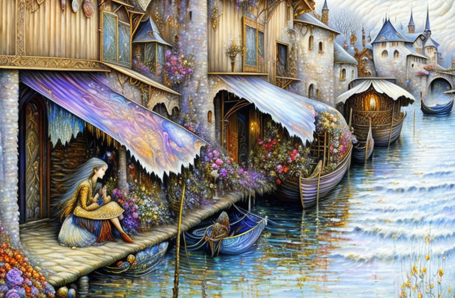 Detailed Fantasy Water Village Painting with Cottages, Boats, Lady, and Flora