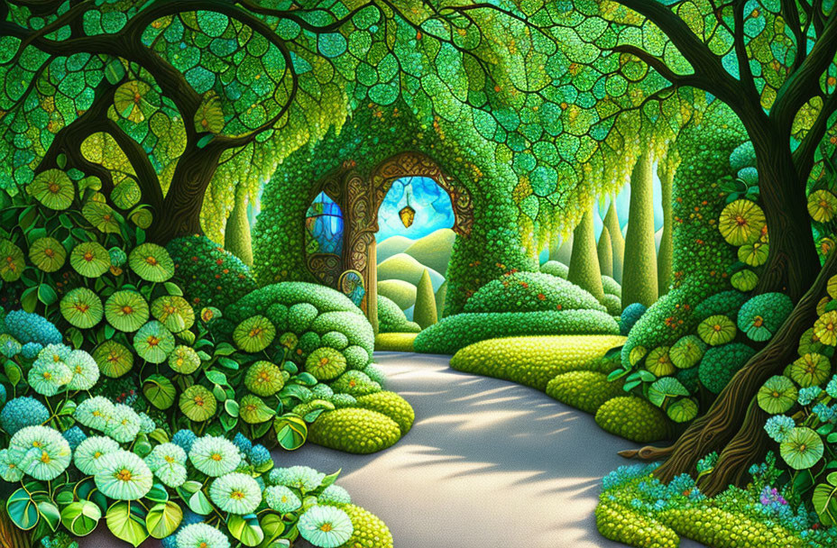 Colorful Illustration: Whimsical Forest Path with Bright Flowers & Mysterious Tree Door
