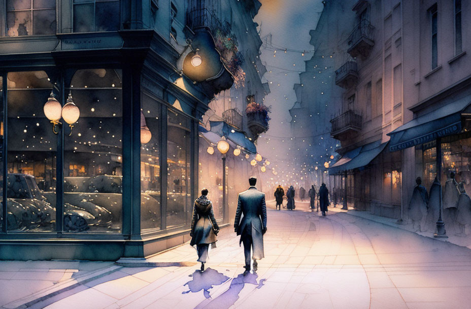 Couple walking hand in hand on illuminated street at dusk