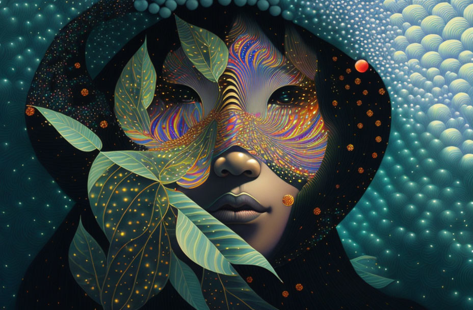 Colorful Mask Design Surrounding Person Among Leaves and Waves