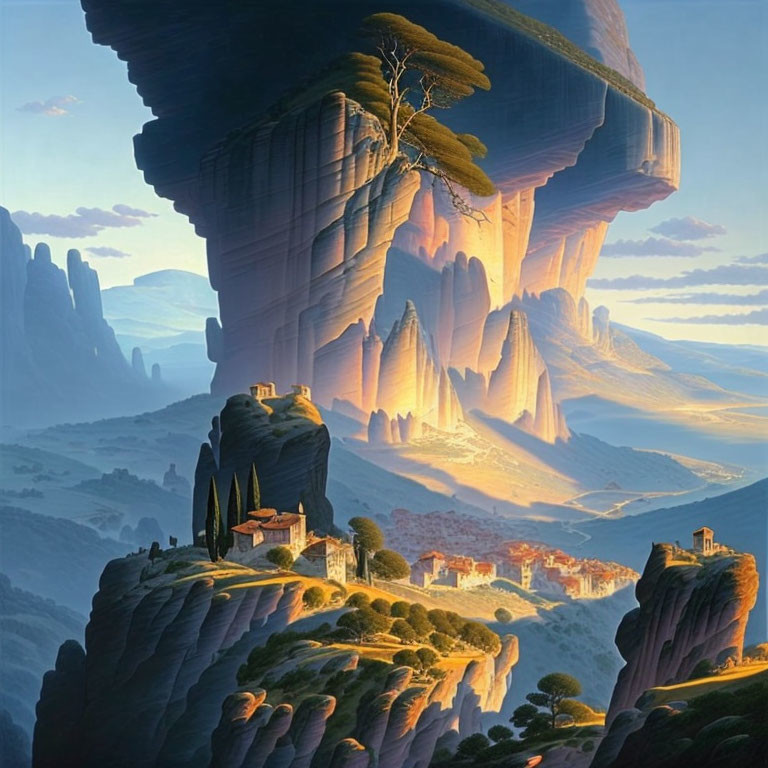 Fantasy landscape with rock pillars, town, and floating inverted mountain.