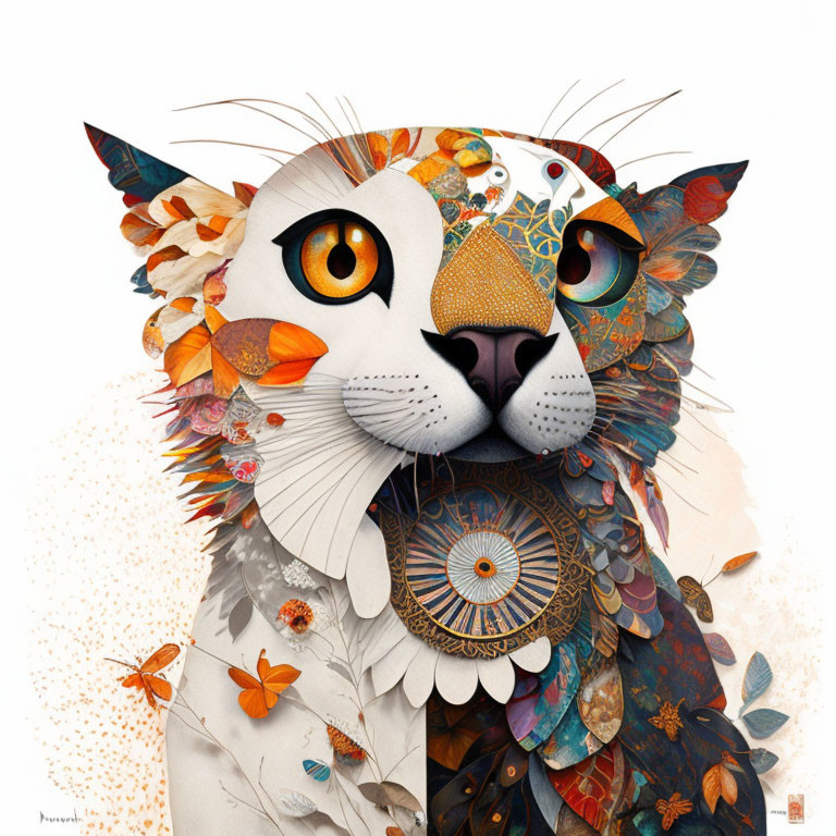 Colorful Cat Illustration with Floral and Geometric Patterns