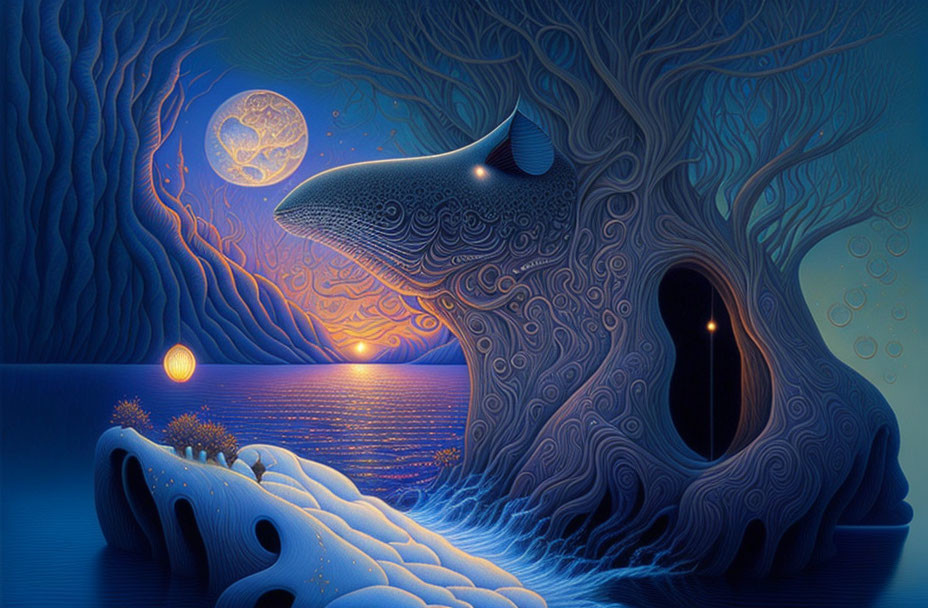 Surreal dog profile art with night landscape and moon.