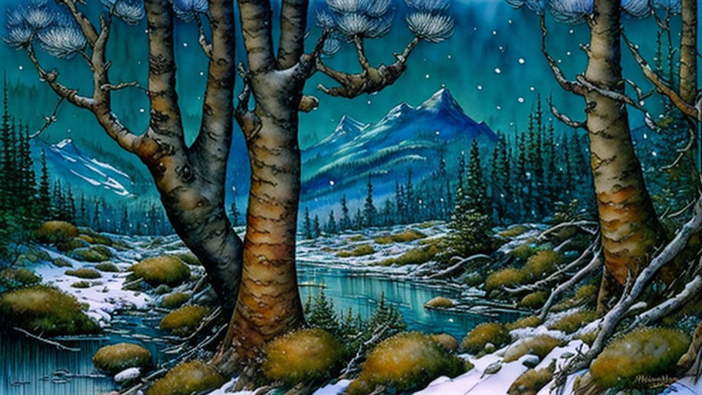 Snow-covered winter landscape with river and mountain under starry sky