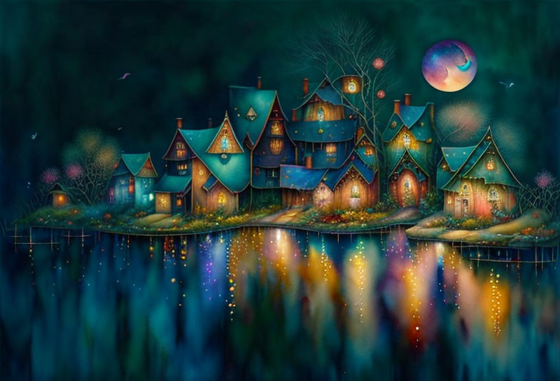 Colorful village painting: Glowing houses, moonlit lake