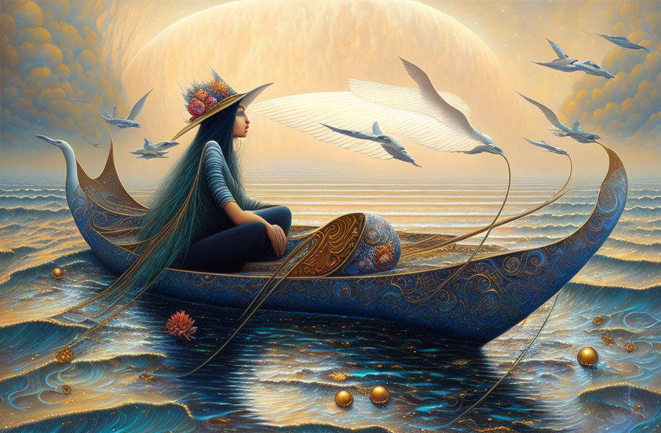 Woman in hat on ornate boat surrounded by birds and golden sky