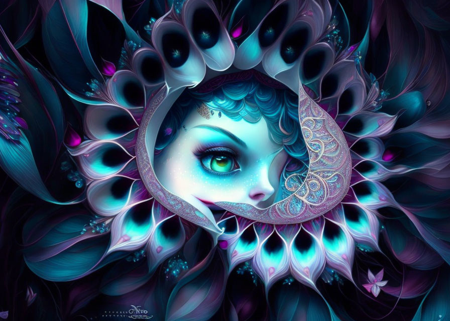 Fantastical digital artwork: Face with iridescent floral patterns