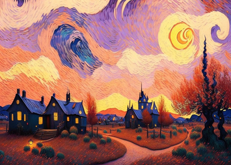 Colorful landscape painting with swirling skies, glowing windows, and autumnal tree.