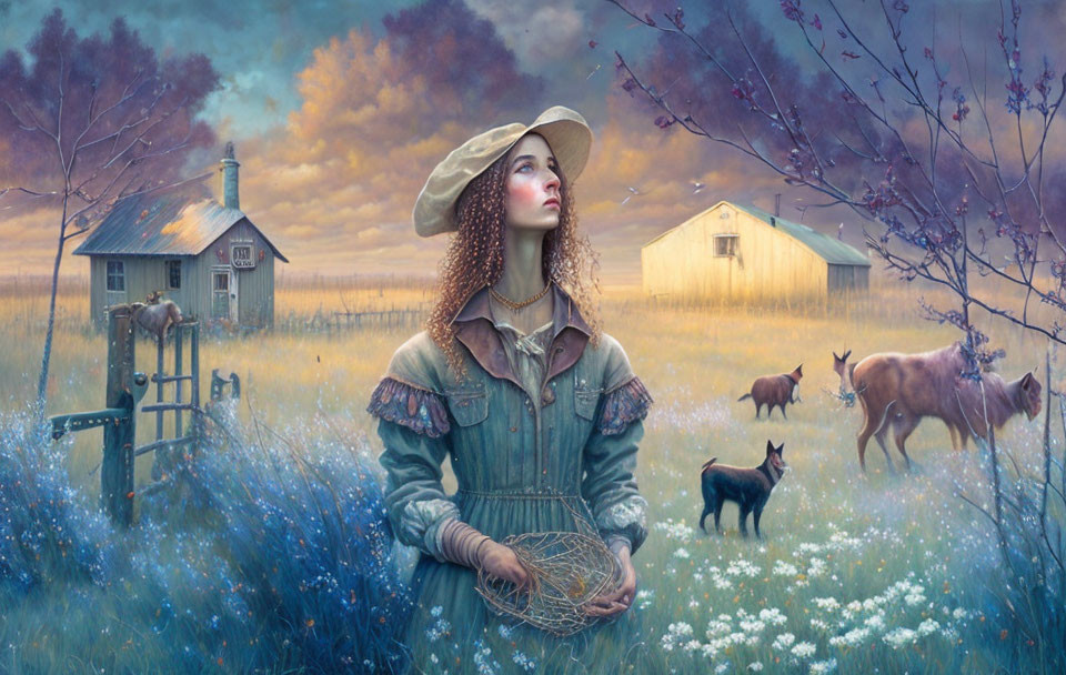 Vintage Attired Woman in Pastoral Field with Dog and Livestock