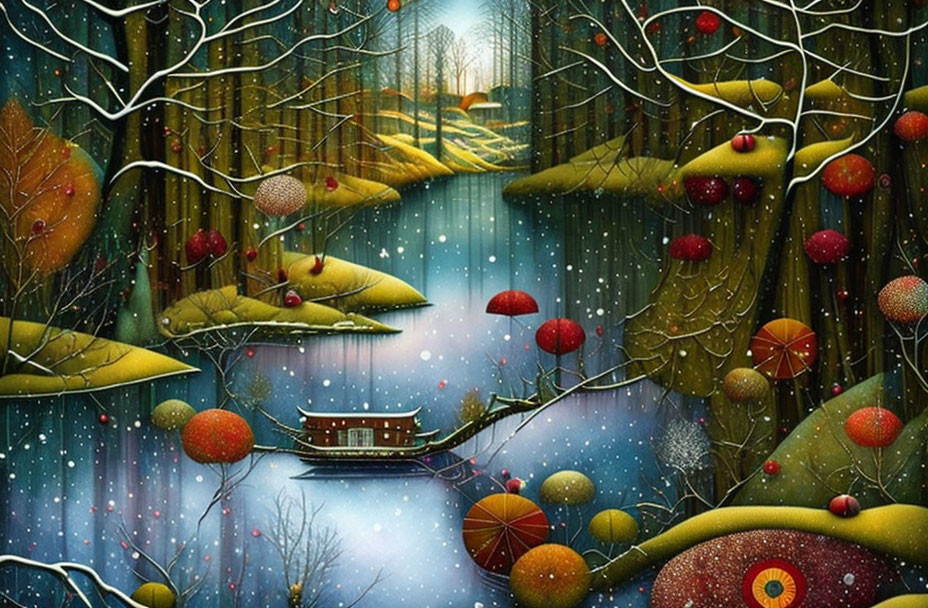 Enchanted forest painting with river, boat, and colorful trees