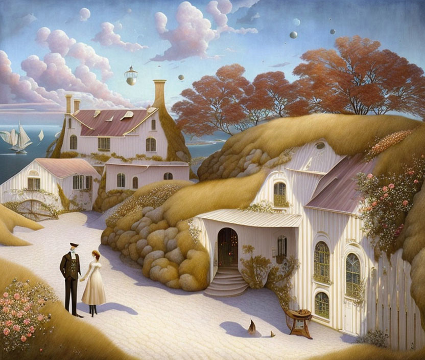 Whimsical painting of couple in vintage attire near fantastical houses on rolling hills