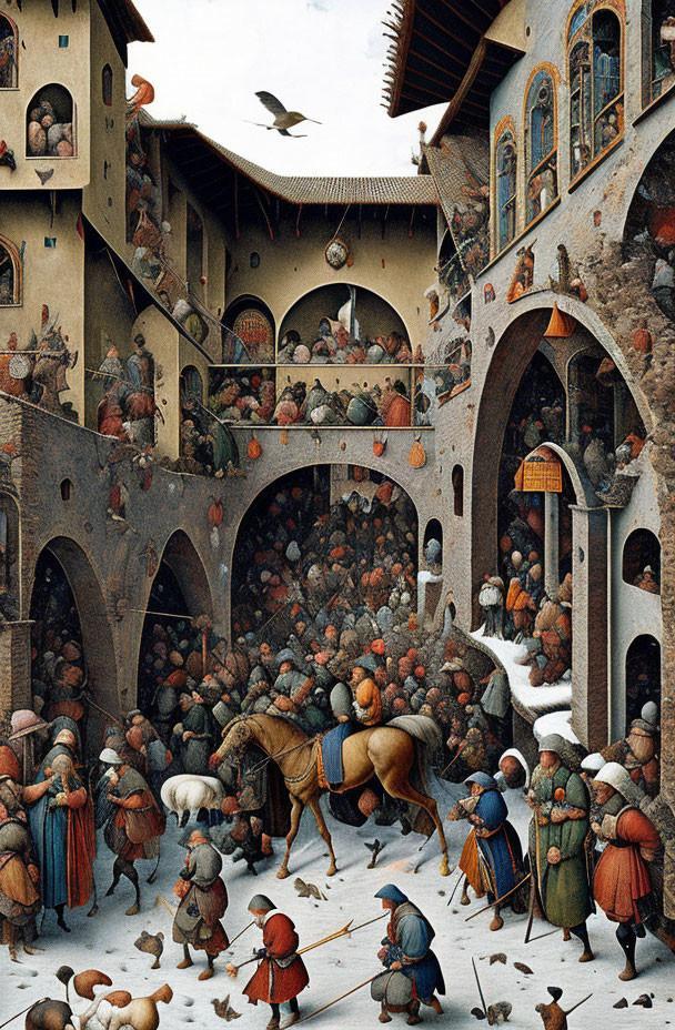 Medieval courtyard scene with horsemen, archways, and balconies