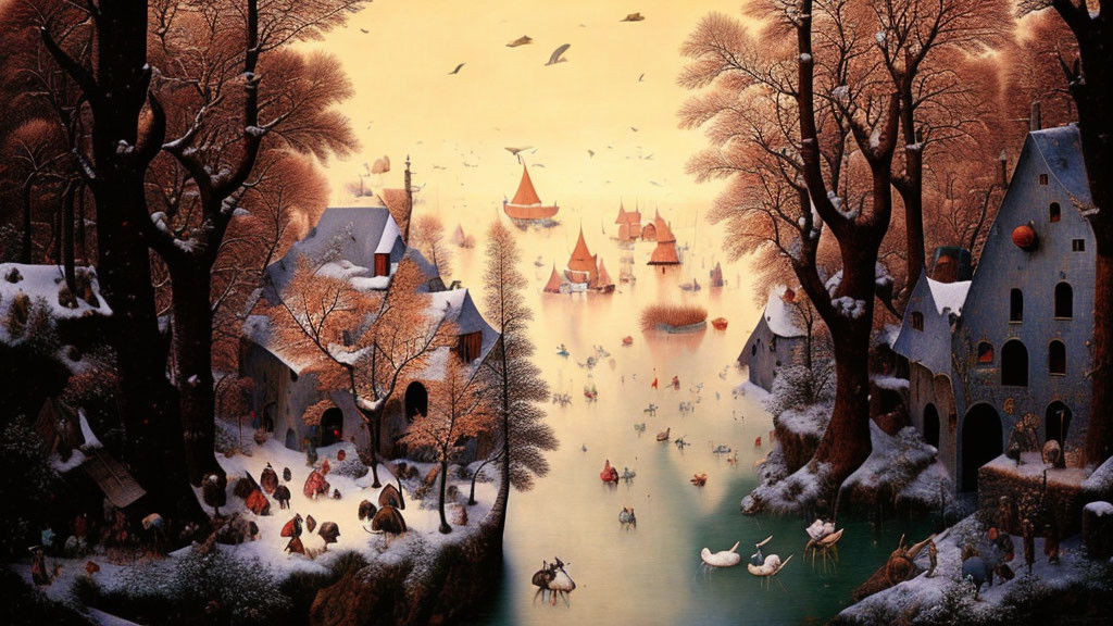 Winter village scene: villagers on ice with snow-covered houses and ships