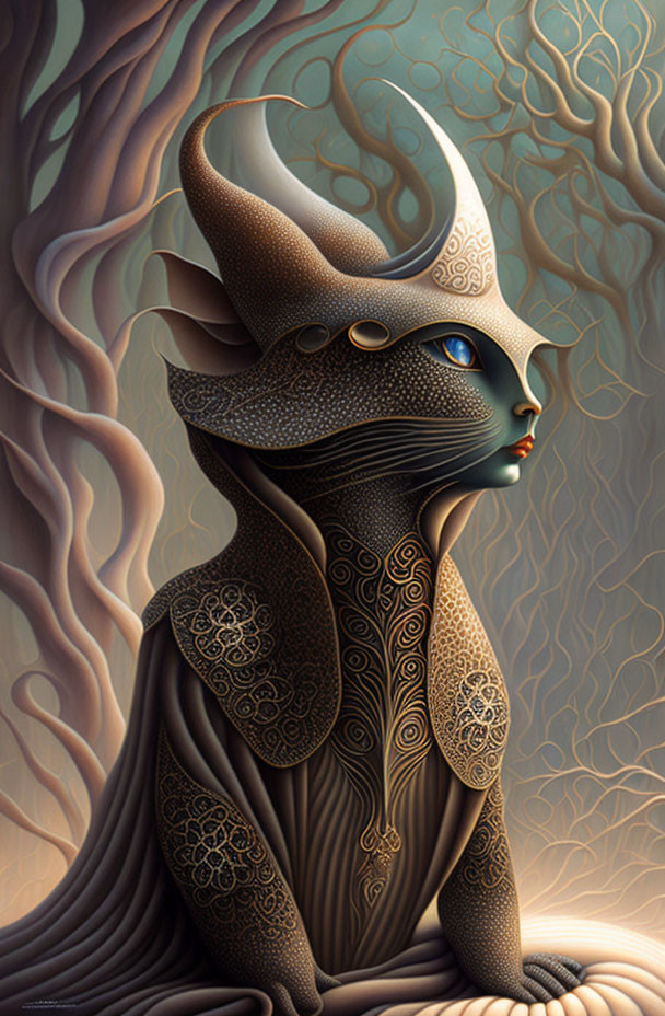 Detailed surreal humanoid cat illustration with ornate patterns and tree-like backdrop