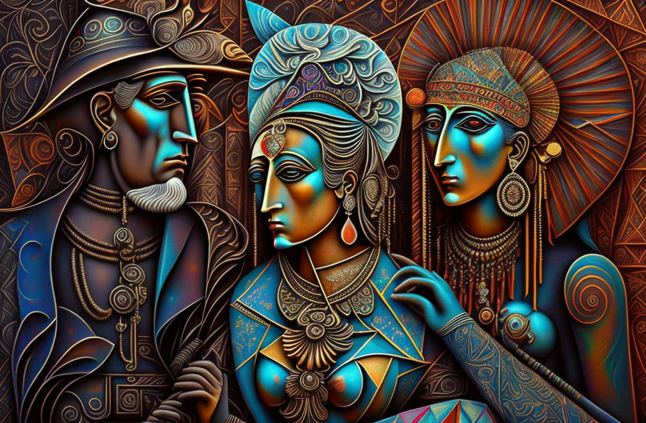 Three Figures in Intricate Headdresses and Jewelry Against Patterned Backdrop