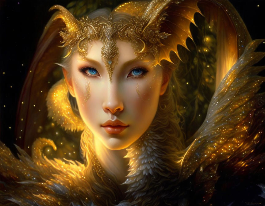 Fantasy illustration of a woman with golden headgear, blue eyes, feathered wings, and mystical