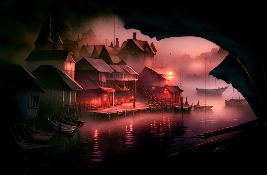 Nighttime fishing village with houses on stilts and glowing lanterns