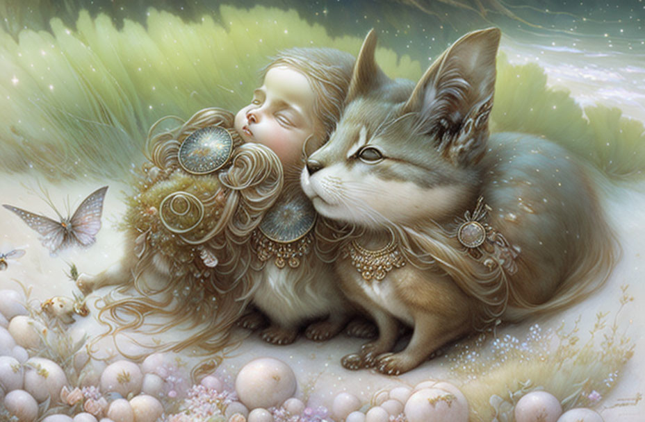 Tranquil fantasy scene: sleeping child embraced by oversized cat in dreamy landscape