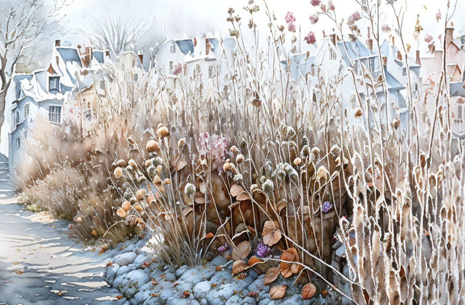 Wintry Watercolor Painting: Snowy Houses and Dried Plants in Foreground