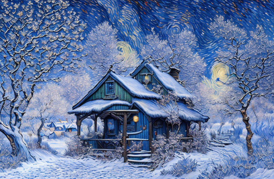 Snow-covered cottage in whimsical winter night sky