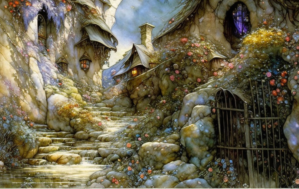 Illustration of fairy-tale village with stone houses, cobblestone stairway, and flowing stream