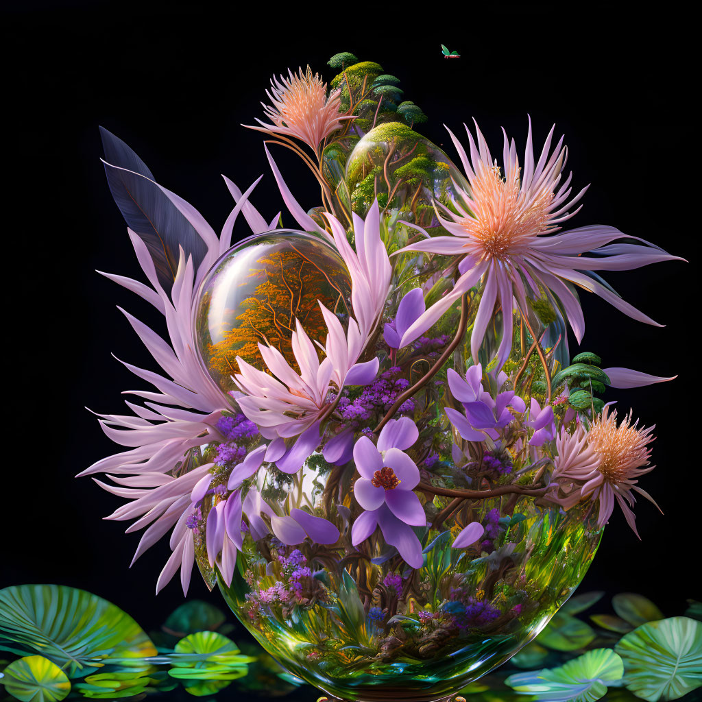 Colorful digital art: Transparent orb with blooming flowers, greenery, and butterfly on dark backdrop