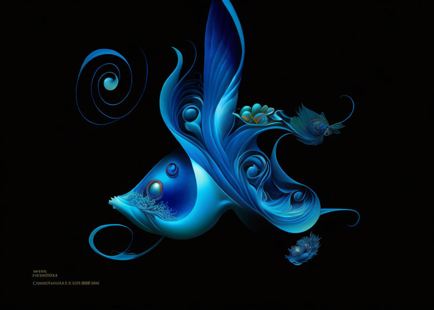 Abstract blue digital artwork with marine life elements on black background